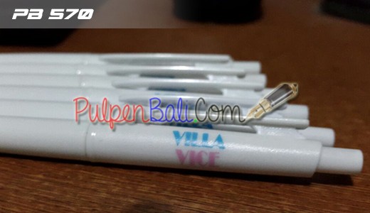 contoh pulpen promosi warna putih cetak biru dan ungu Villa Vice